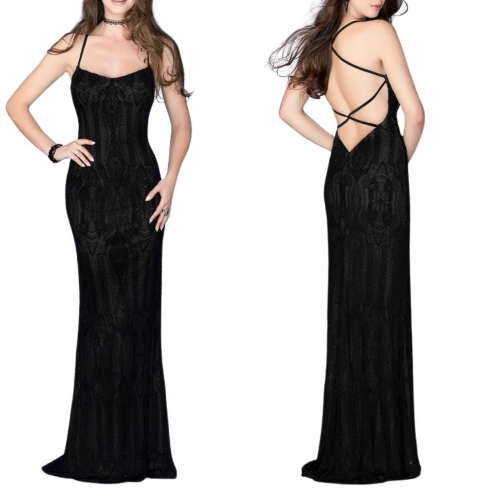 La Femme Black Lace Backless Maxi Dress